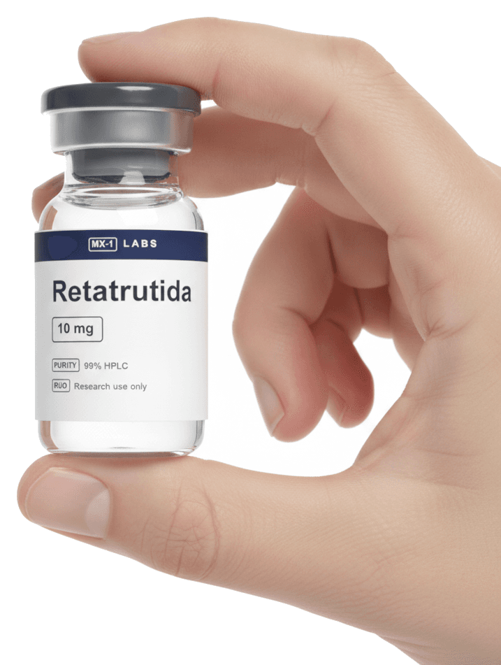 Vial de investigación de Retatrutida 10 mg con etiqueta MX-1 Labs